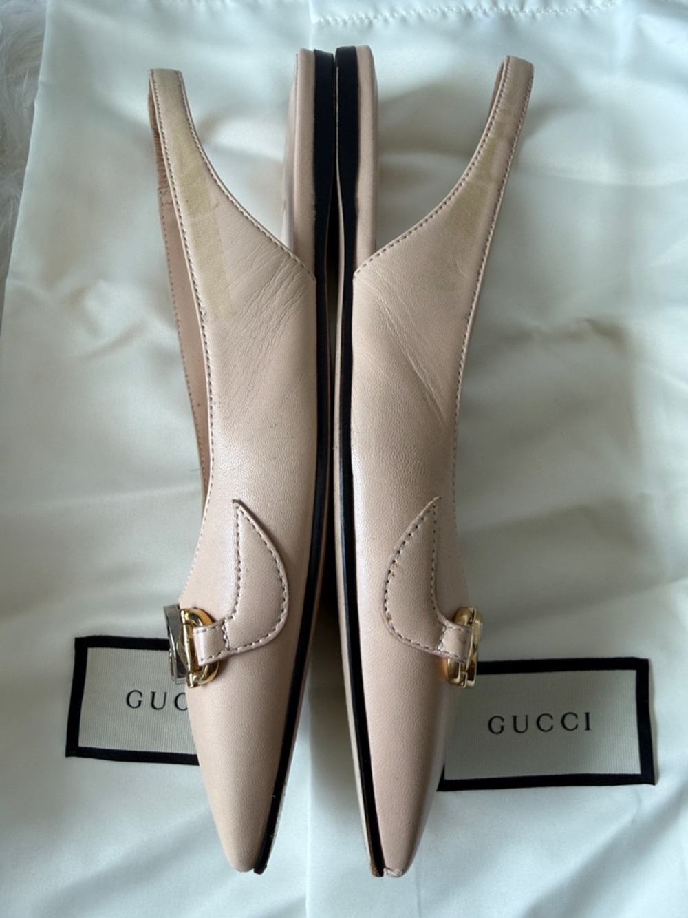 Gucci Blush Leather Pointed Slingback Flat Mules with Gold Double G - Picture 8 of 11